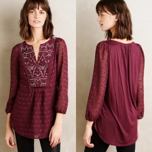 Anthropologie Tops - Anthropologie Purple Stitched Sequin Peasant Top
